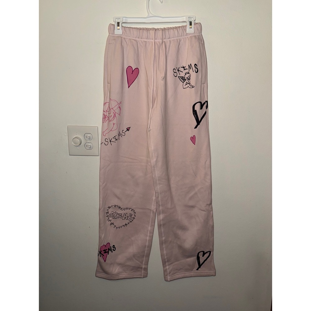 Skims Cotton Fleece Wide Leg Pants Barely Pink Valentines Hearts Size XS NWOT